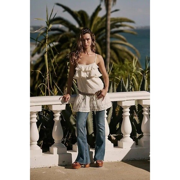 Free People Free-est Beachy Boheme Tunic Mini Dress Lace Cami Ruffle XS 283542 - Picture 2 of 7